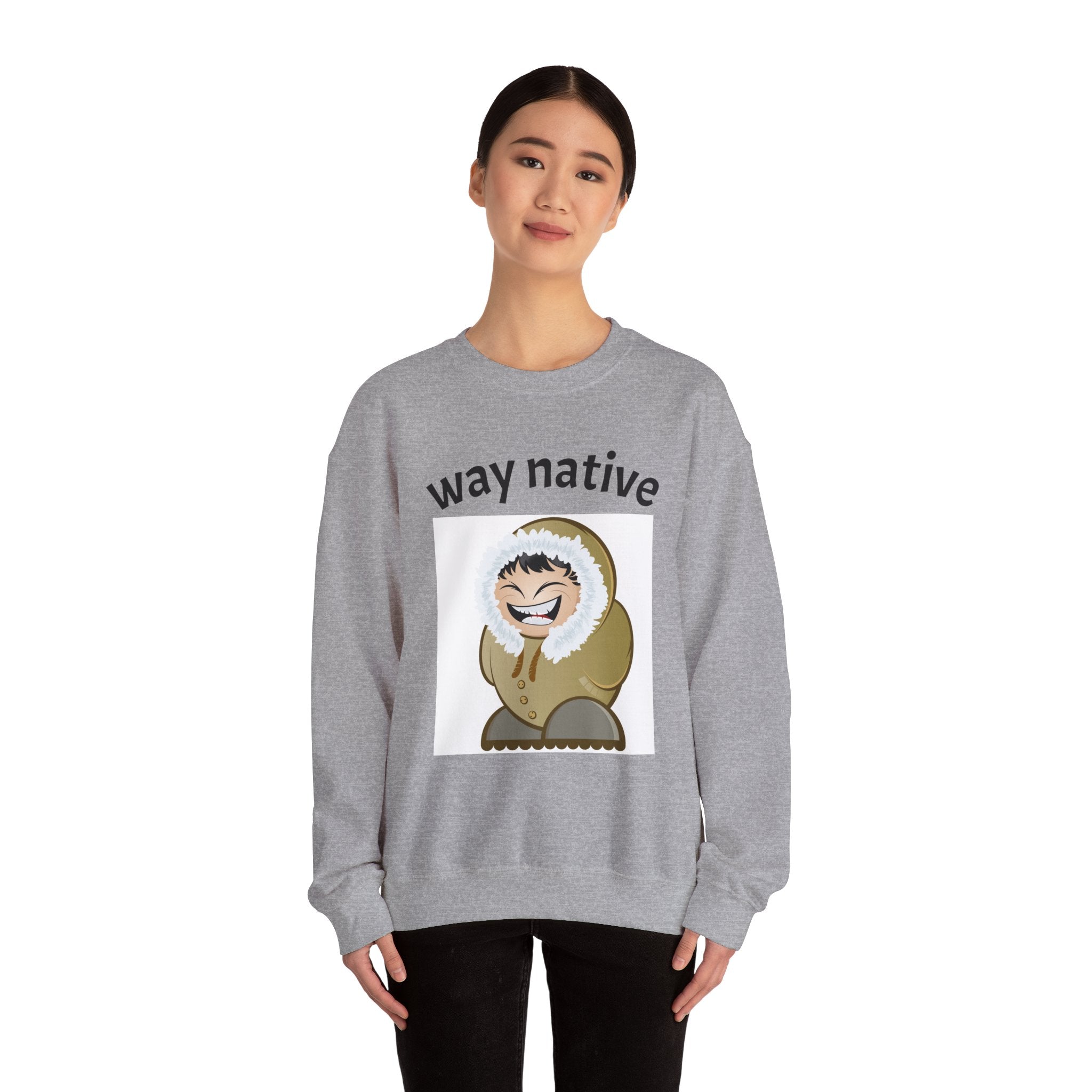 Crewneck Sweatshirt — "way native" Minimal Text Graphic, Casual Everyday Pullover